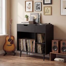 Gymax Turntable Record Player Stand Vinyl Cabinet With Built-In Power Strip in Black - thumbnail 3