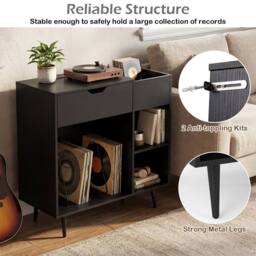 Gymax Turntable Record Player Stand Vinyl Cabinet With Built-In Power Strip in Black - thumbnail 5