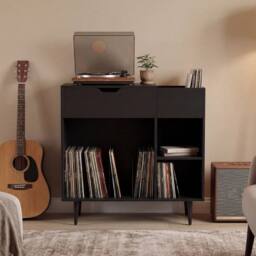 Gymax Turntable Record Player Stand Vinyl Cabinet With Built-In Power Strip in Black - thumbnail 4