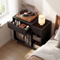 Gymax Turntable Record Player Stand Vinyl Cabinet With Built-In Power Strip in Black - thumbnail 2