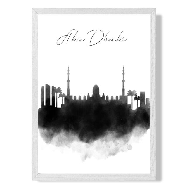 ARTZE Abu Dhabi Watercolour Skyline City Framed Print SIZE: A3 with White Frame in Black - Size: A4 - image 1