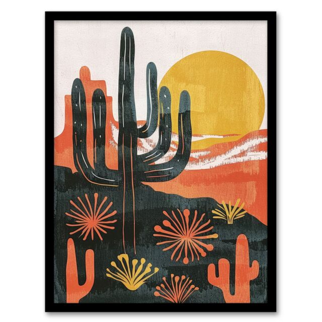 Artery8 Wall Art Print Desert Cactus Sunset Simple Bobo Cacti Landscape Art Framed Poster in Black - Size: A4 - image 1