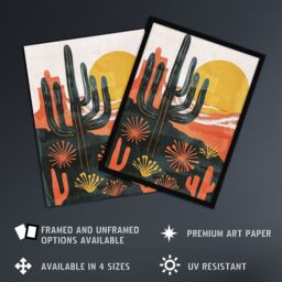 Artery8 Wall Art Print Desert Cactus Sunset Simple Bobo Cacti Landscape Art Framed Poster in Black - Size: A4 - thumbnail 2