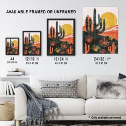 Artery8 Wall Art Print Desert Cactus Sunset Simple Bobo Cacti Landscape Art Framed Poster in Black - Size: A4 - thumbnail 3