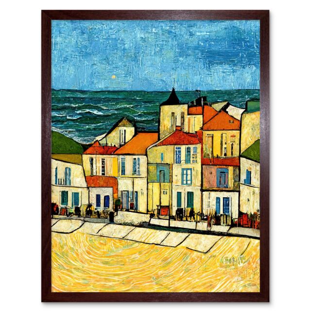 "Artery8 Wall Art Print Spain Costa Brava Seaside Van Gogh Style Modern Art Framed in Brown - Size: W12"" x H16""" - image 1