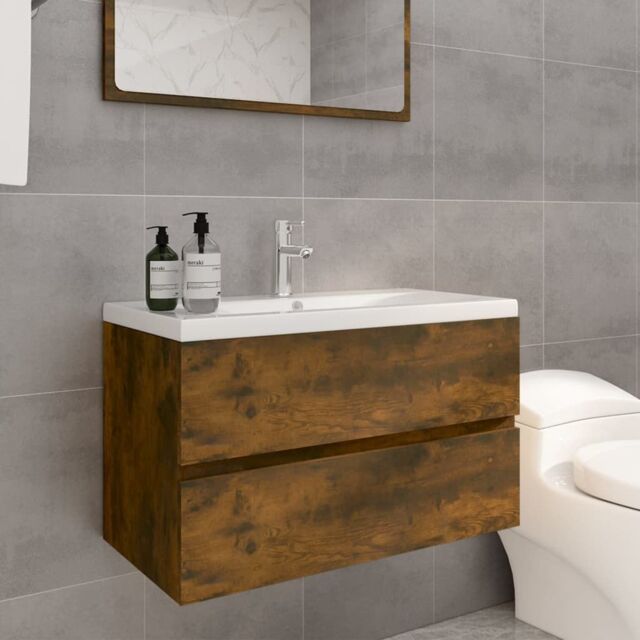 Berkfield Home Sink Cabinet with Built-in Basin Smoked Oak Engineered Wood in Brown