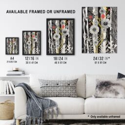 "Artery8 Black & White Stripes Abstract Wildflower Garden Framed Art Print - Size: W12"" x H16""" - thumbnail 3