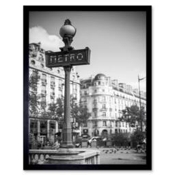 "Artery8 Landmark Retro Metro Sign Paris France Black White Framed Art Print in Grey - Size: W12"" x H16""" - thumbnail 1