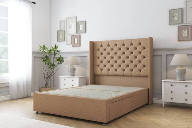 "Sloomy Dior Dumfries Divan Bed Base 2 Drawers - 54"" Wingback Headboard in Light Brown - Size: Double" - image 1