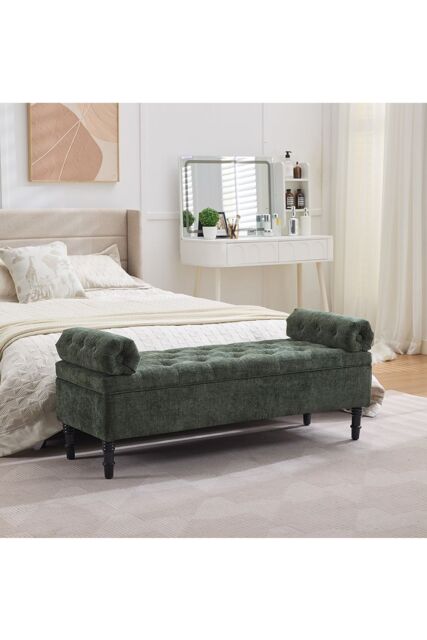 Living and Home Chenille Upholstered Storage Bench in Green - image 1