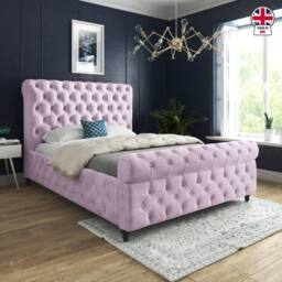 Casani Steeton Sleigh Upholstered Pink Soft Velvet Designer Bed Frame - Size: Small Double - thumbnail 5