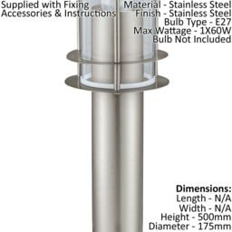 Loops 2 PACK IP44 Outdoor Bollard Light Stainless Steel 500mm 60W E27 Driveway Post in Metallics - thumbnail 2