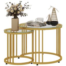 HOMCOM Set of 2 Nest of Tables Round Coffee Tables with Tempered Glass Top in Gold - thumbnail 2