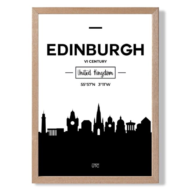 ARTZE Edinburgh Black & White City Skyline Framed Print SIZE: A3 with Oak Frame - Size: A4 - image 1