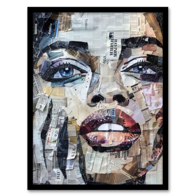 Artery8 Wall Art Print Woman Face Newspaper Collage Portrait Art Framed Poster in Black - Size: A4 - image 1
