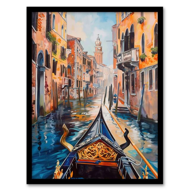 "Artery8 Venice Canal Gondola Ride View Oil Painting Framed Art Print - Size: W12"" x H16""" - image 1