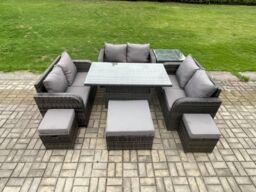 Fimous Rattan Garden Outdoor Furniture 3 PC Love Sofa Set Adjustable Rising lifting Dining Table With Side Table 3 Footstools in Dark Grey - thumbnail 2