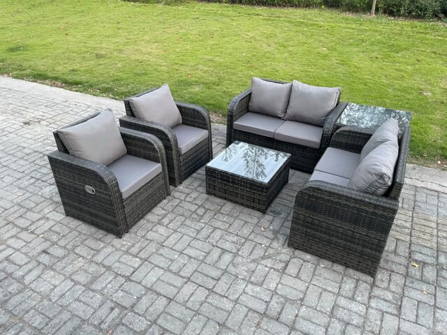 Fimous 6 Seater Rattan Sofa Set Outdoor Garden Furniture Set with Square Coffee Table Loveseat Sofa Reclining Chairs Side Table in Dark Grey - image 1