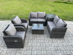 Fimous 6 Seater Rattan Sofa Set Outdoor Garden Furniture Set with Square Coffee Table Loveseat Sofa Reclining Chairs Side Table in Dark Grey - thumbnail 2
