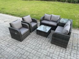 Fimous 6 Seater Rattan Sofa Set Outdoor Garden Furniture Set with Square Coffee Table Loveseat Sofa Reclining Chairs Side Table in Dark Grey - thumbnail 1