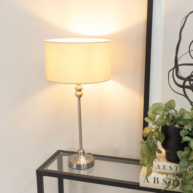 ValueLights Maggie Brushed Chrome Candlestick Table Lamp with Fabric Drum Shade & LED Bulb in Natural - image 1