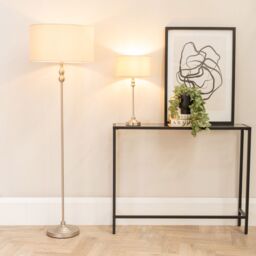 ValueLights Maggie Brushed Chrome Candlestick Table Lamp with Fabric Drum Shade & LED Bulb in Natural - thumbnail 4