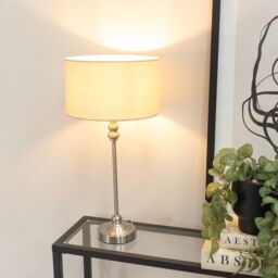 ValueLights Maggie Brushed Chrome Candlestick Table Lamp with Fabric Drum Shade & LED Bulb in Natural