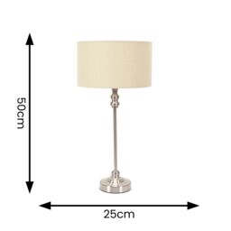 ValueLights Maggie Brushed Chrome Candlestick Table Lamp with Fabric Drum Shade & LED Bulb in Natural - thumbnail 6