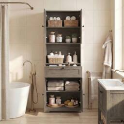 KORVIXA 171.5 CM Tall Bathroom Cabinet Freestanding Storage Cabinet in Brown - Size: 100 cm x 100 cm - thumbnail 5