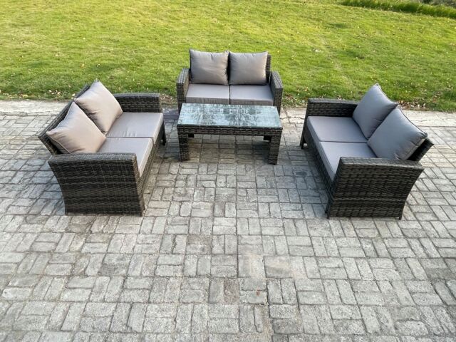 Fimous 6 Seater Rattan Wicker Garden Furniture Patio Conservatory Sofa Set with Coffee Table Double Seater Sofa in Dark Grey - image 1