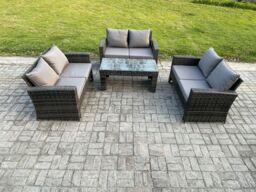 Fimous 6 Seater Rattan Wicker Garden Furniture Patio Conservatory Sofa Set with Coffee Table Double Seater Sofa in Dark Grey - thumbnail 1