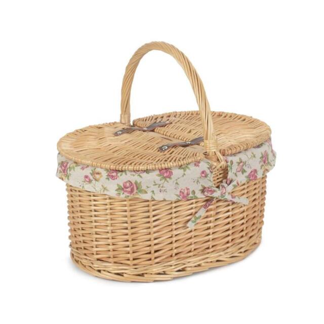 Red Hamper Wicker Cotton Lined Buff Oval Shopping Basket - image 1