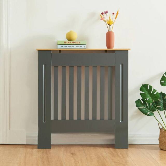 SPETLEK Modern Radiator Cover Wall Cabinet MDF Slats, Grey with Wood Top, L - image 1