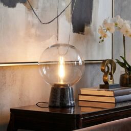 Orsina Grey Marble Globe Table Lamp, Solid Grey Marble Base With Clear Glass Globe, Stylish Snow Globe Effect Light in Black - thumbnail 2