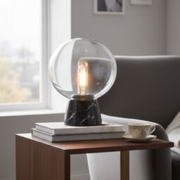 Orsina Grey Marble Globe Table Lamp, Solid Grey Marble Base With Clear Glass Globe, Stylish Snow Globe Effect Light in Black - thumbnail 3