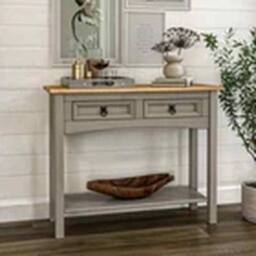 EONLION Grey Console Table 2 Drawer Solid Mexican Pine Wax Finish - thumbnail 3