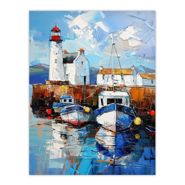 "Artery8 Scottish Harbour Oil Painting Lighthouse Rustic Wall Art Print in Blue - Size: W12"" x H16""" - image 1