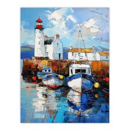 "Artery8 Scottish Harbour Oil Painting Lighthouse Rustic Wall Art Print in Blue - Size: W12"" x H16""" - thumbnail 1