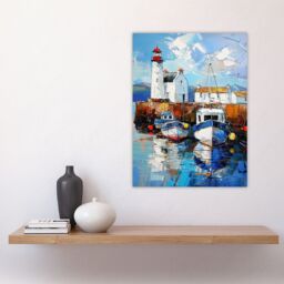 "Artery8 Scottish Harbour Oil Painting Lighthouse Rustic Wall Art Print in Blue - Size: W12"" x H16""" - thumbnail 4