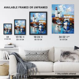"Artery8 Scottish Harbour Oil Painting Lighthouse Rustic Wall Art Print in Blue - Size: W12"" x H16""" - thumbnail 3