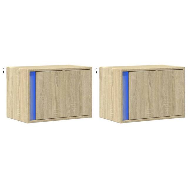 Berkfield Home Durable Wall-mounted Bedside Cabinets with LED Lights 2 pcs Sonoma Oak in Light Tan - image 1