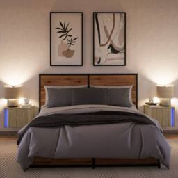 Berkfield Home Durable Wall-mounted Bedside Cabinets with LED Lights 2 pcs Sonoma Oak in Light Tan - thumbnail 5