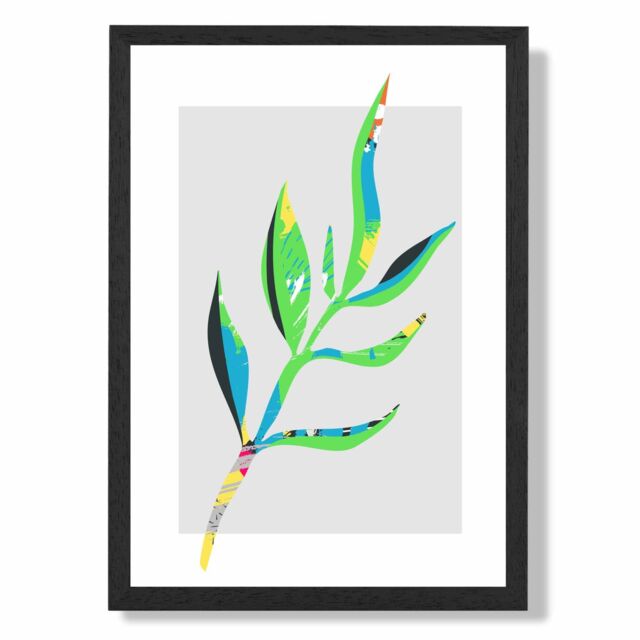 ARTZE Papyrus Leaf Blue & Green Abstract Minimalist Framed Print SIZE: A2 with Black Frame in Mid Blue - image 1