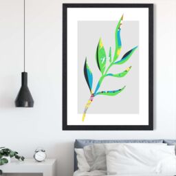 ARTZE Papyrus Leaf Blue & Green Abstract Minimalist Framed Print SIZE: A2 with Black Frame in Mid Blue - thumbnail 2