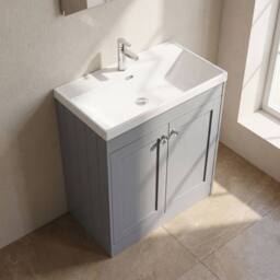 Balterley 800mm Floor Standing 2 Door Unit & Thin Edge Basin 1 Tap Hole - Grey - thumbnail 3
