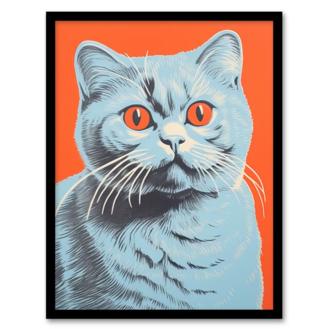 Artery8 Teal & Coral Cat Screen Print Risograph Artwork Spot Block Colour Duotone Retro Riso Interior Design Scottish Fold Cat Art Print Framed - image 1