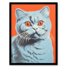 Artery8 Teal & Coral Cat Screen Print Risograph Artwork Spot Block Colour Duotone Retro Riso Interior Design Scottish Fold Cat Art Print Framed - thumbnail 1