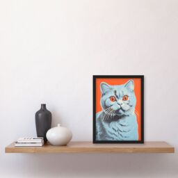 Artery8 Teal & Coral Cat Screen Print Risograph Artwork Spot Block Colour Duotone Retro Riso Interior Design Scottish Fold Cat Art Print Framed - thumbnail 4