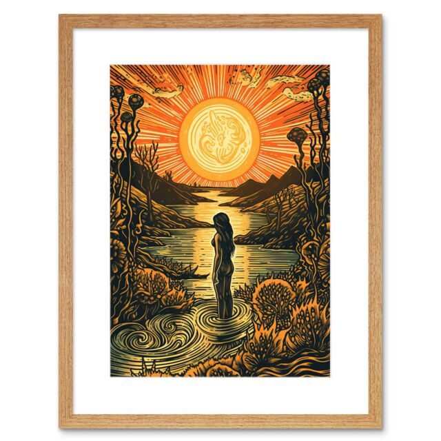 "Artery8 Wall Art Print Woman Bathing in Creek at Sunset Modern Linocut Artwork Framed 9X7 Inch in Beige - Size: W7"" x H9""" - image 1