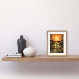 "Artery8 Wall Art Print Woman Bathing in Creek at Sunset Modern Linocut Artwork Framed 9X7 Inch in Beige - Size: W7"" x H9""" - thumbnail 2